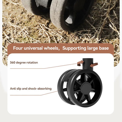 Close-up of four universal wheels with text highlighting features on a grassy background.