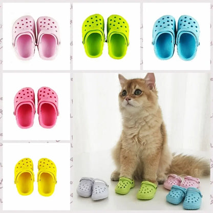 Collage of colorful slippers with a cat wearing green and pink slippers.