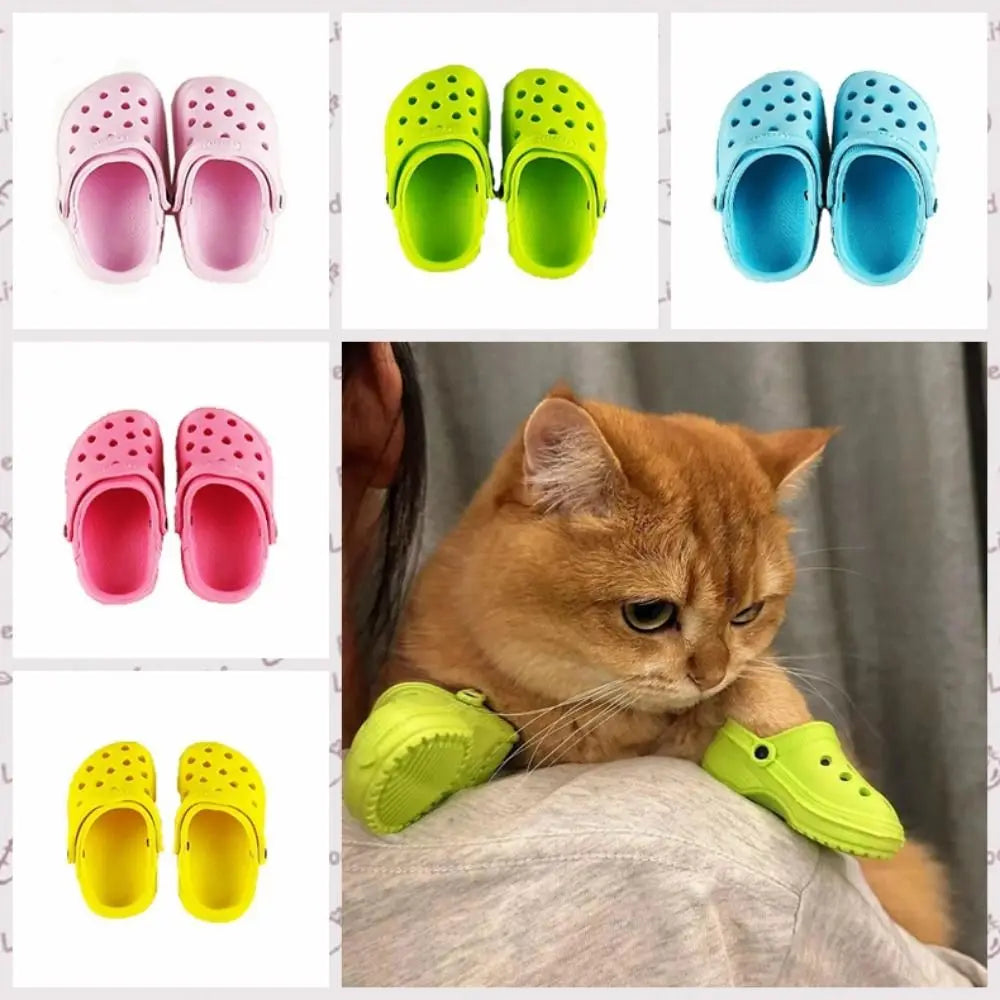 Collage of colorful slippers with a cat wearing green slippers.