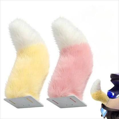 Two fluffy tail extensions with a character model for scale on a white background