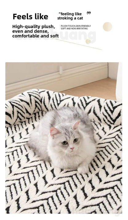 Cat sitting on a patterned cushion with text describing plush comfort
