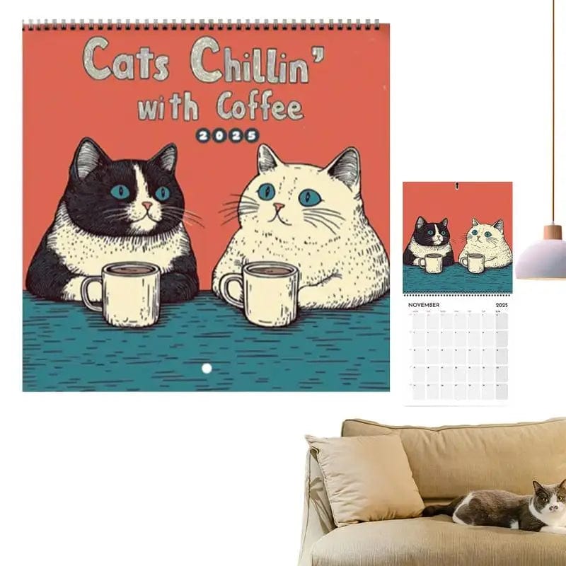 Cute cat and coffee themed 2025 calendar for home decor