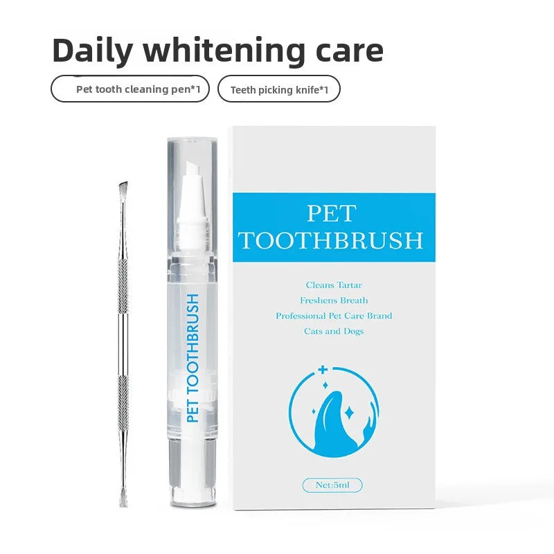 Pet toothbrush and cleaning pen with packaging on a white background