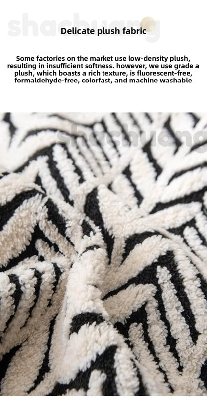 Close-up of a textured fabric with a pattern, featuring text about fabric quality.