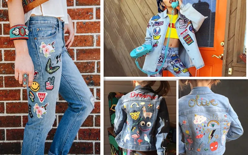 Collage of denim items with colorful patches and text, including jeans and jackets.