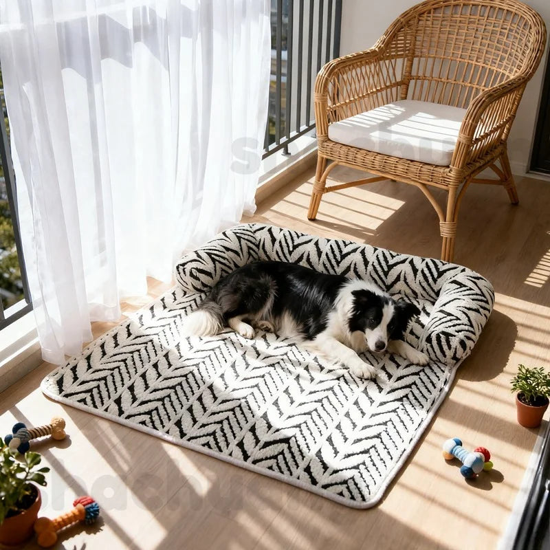 Dog resting on a patterned mat in a sunlit room with a chair and toys.