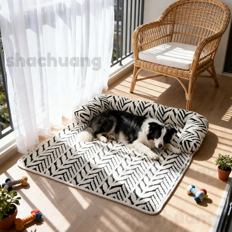 Dog lying on a patterned mat in a sunlit room with a chair and toys.