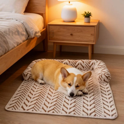 Dog lying on a patterned mat in a bedroom with a bed and nightstand in the background.