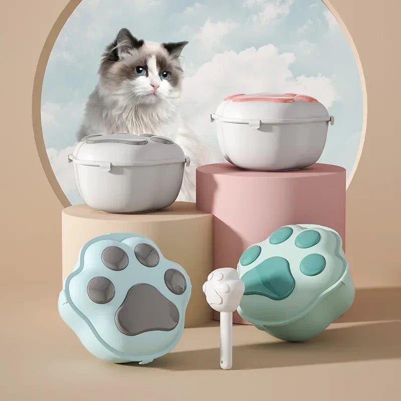 Durable cat paw food storage bin for fresh kibble preservation
