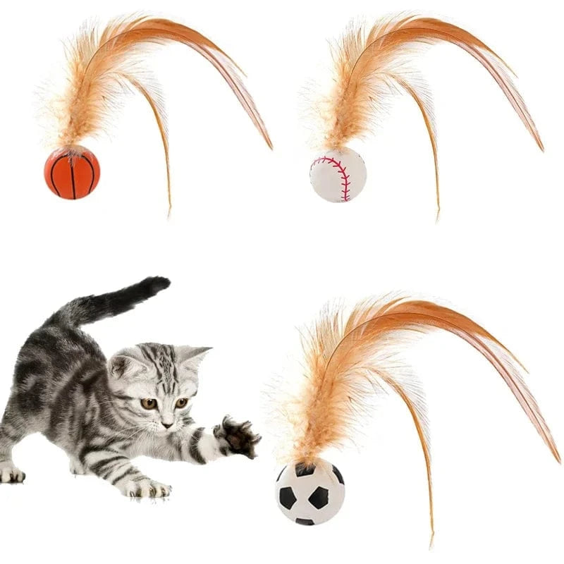 Bouncy Feather Cat Toy Balls - Durable silicone bouncy balls with natural feathers for cats