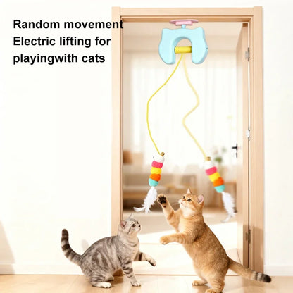 Electric cat toy with colorful beads being played with by two cats in a room.