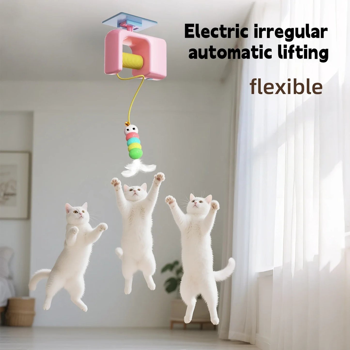 Electric cat toy with colorful fish-shaped lure attracting three white cats in a room.