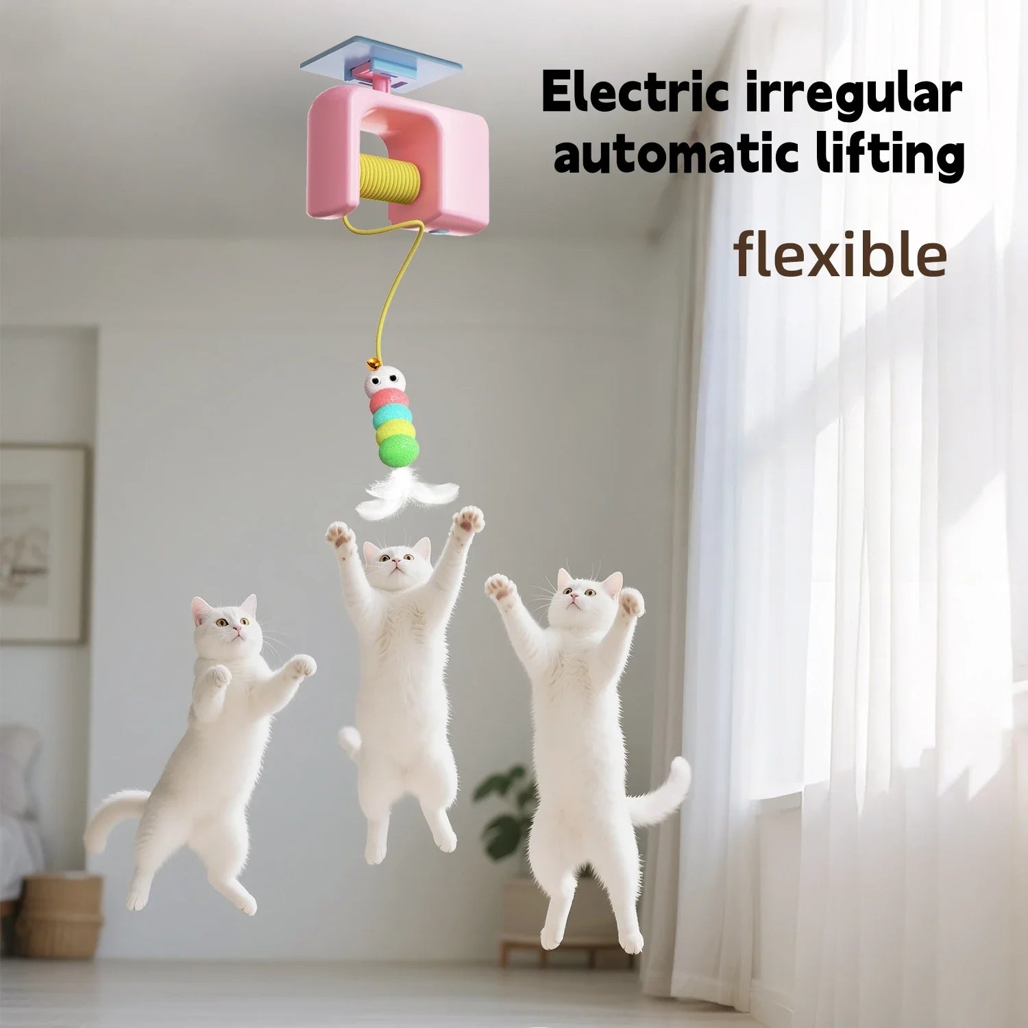 Electric cat toy with colorful fish-shaped lure attracting three white cats in a room.