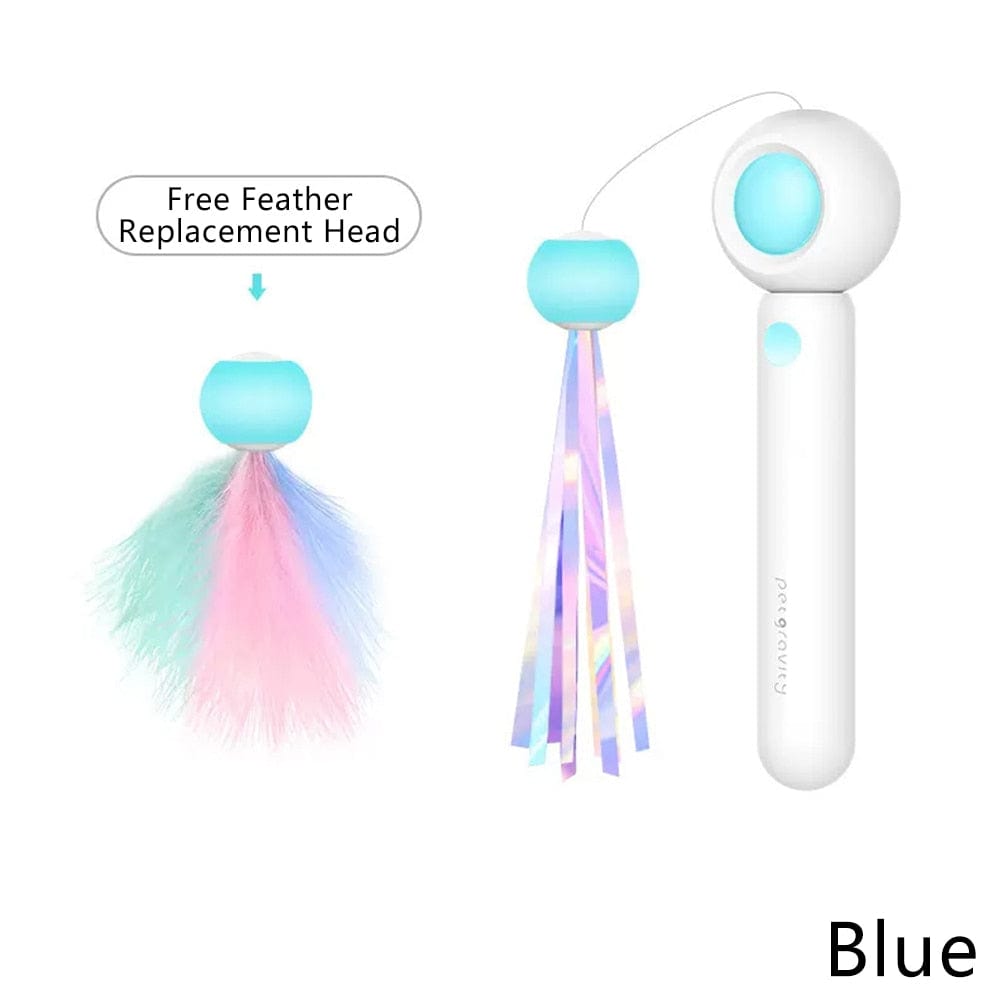 Retractable cat teaser toy featuring feathers
