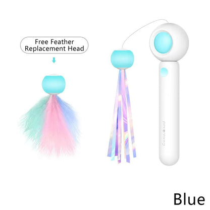 Retractable cat teaser toy featuring feathers