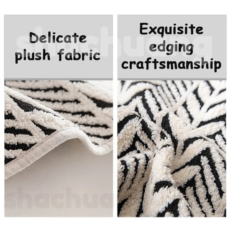 Text on fabric with 'Delicate plush fabric' and 'Exquisite edging craftsmanship'.