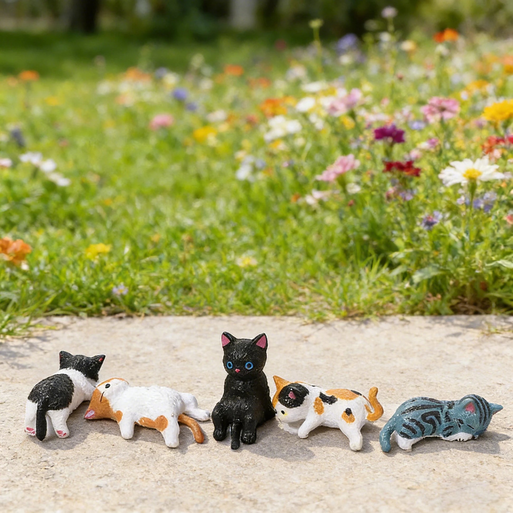 Five small cat figurines on a stone surface with a garden background