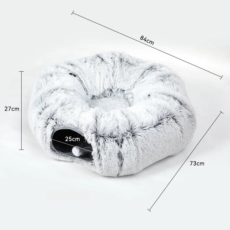Fluffy pet bed with dimensions labeled on a white background