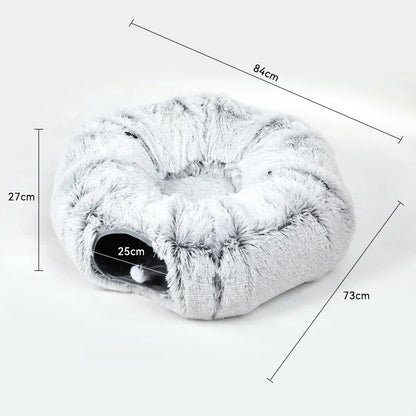 Fluffy pet bed with dimensions labeled on a white background