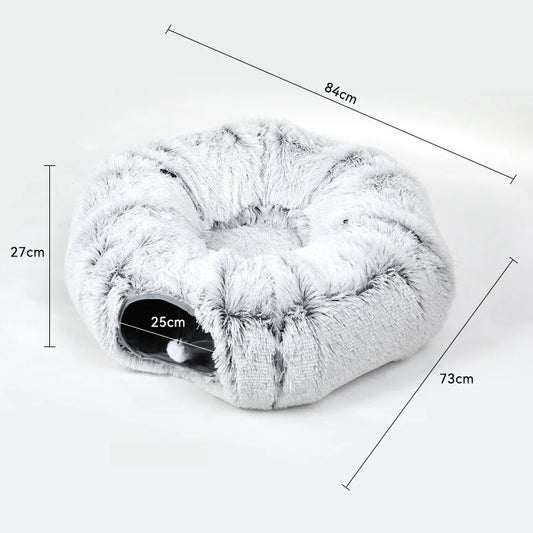 Fluffy pet bed with dimensions labeled on a white background