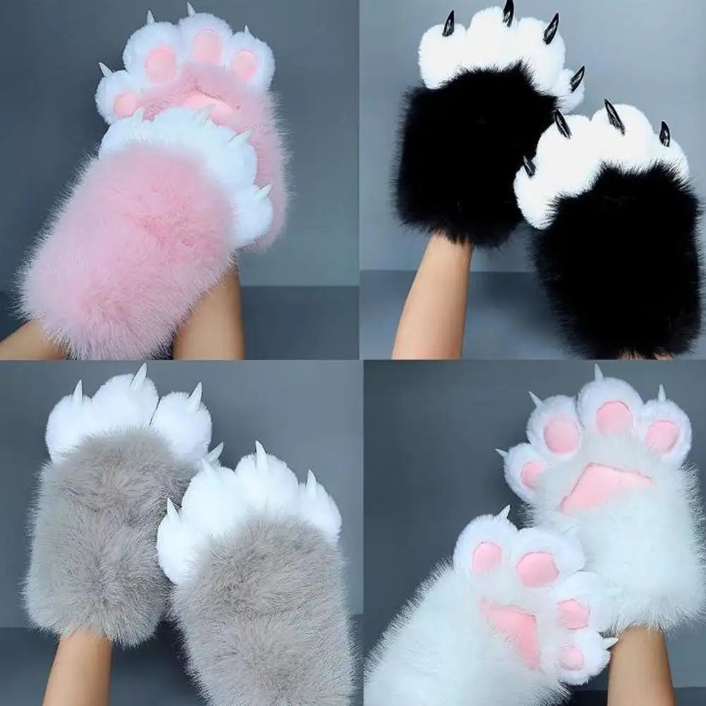 Four pairs of fluffy paw-shaped gloves in different colors on a gray background.
