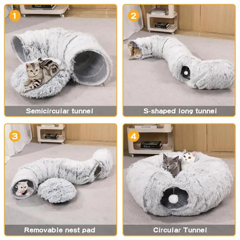 Four views of a fluffy cat tunnel with different configurations on a carpeted floor.