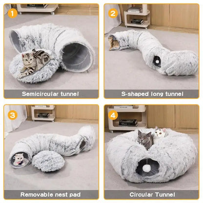 Four views of a fluffy cat tunnel with different configurations on a carpeted floor.
