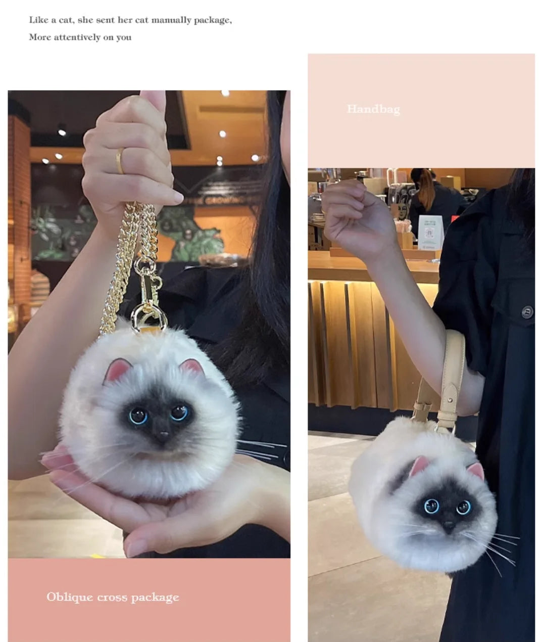 Fuzzy cat-shaped keychain bag held by a person in a cafe setting