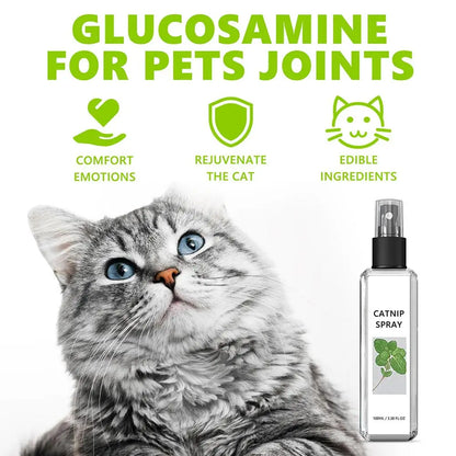 Cat with text 'Glucosamine for pets joints' and a bottle of catnip spray.