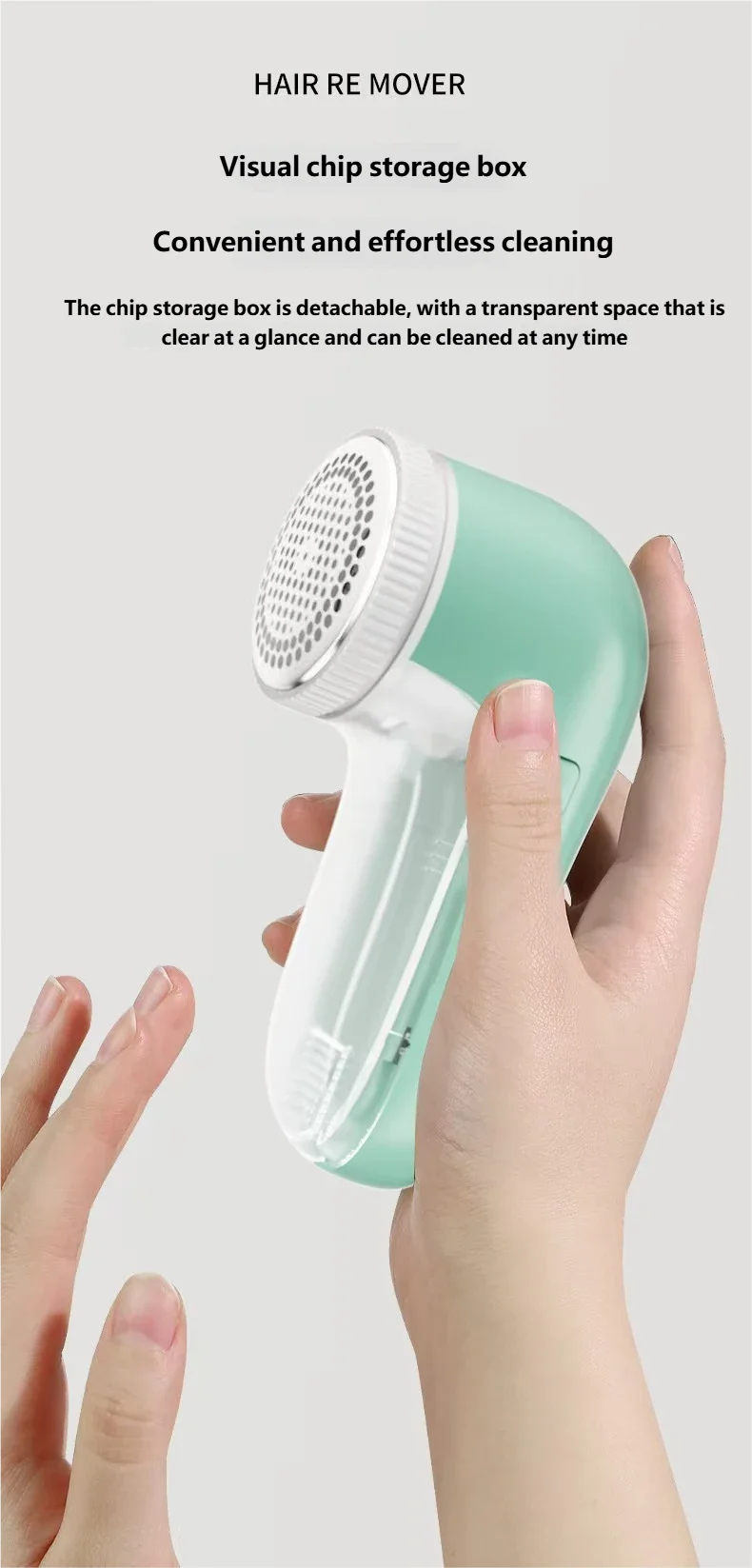 Hand holding a green and white hair removal device with text about its features on a light gray background.