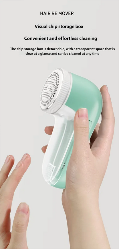 Hand holding a green and white hair removal device with text about its features on a light gray background.