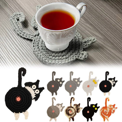 Handmade Cat Paw Coaster in Use – Cozy Knitted Drink Mat