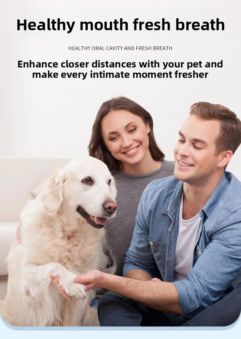 Man and woman sitting with a dog, promoting healthy mouth fresh breath.