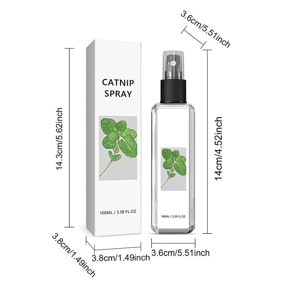 Catnip spray bottle and packaging with dimensions on a white background