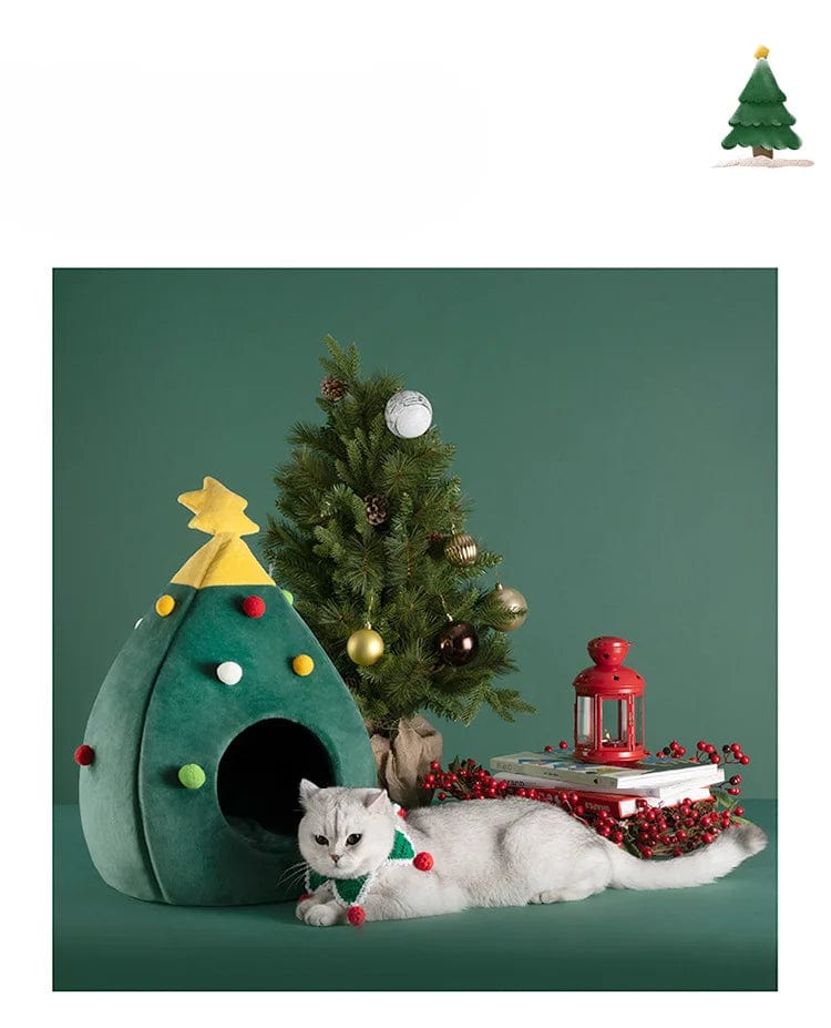 Jolly Christmas Tree Cozy Cat Bed