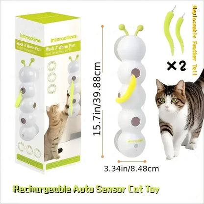 Cat toy with packaging, dimensions, and a cat interacting with the toy.