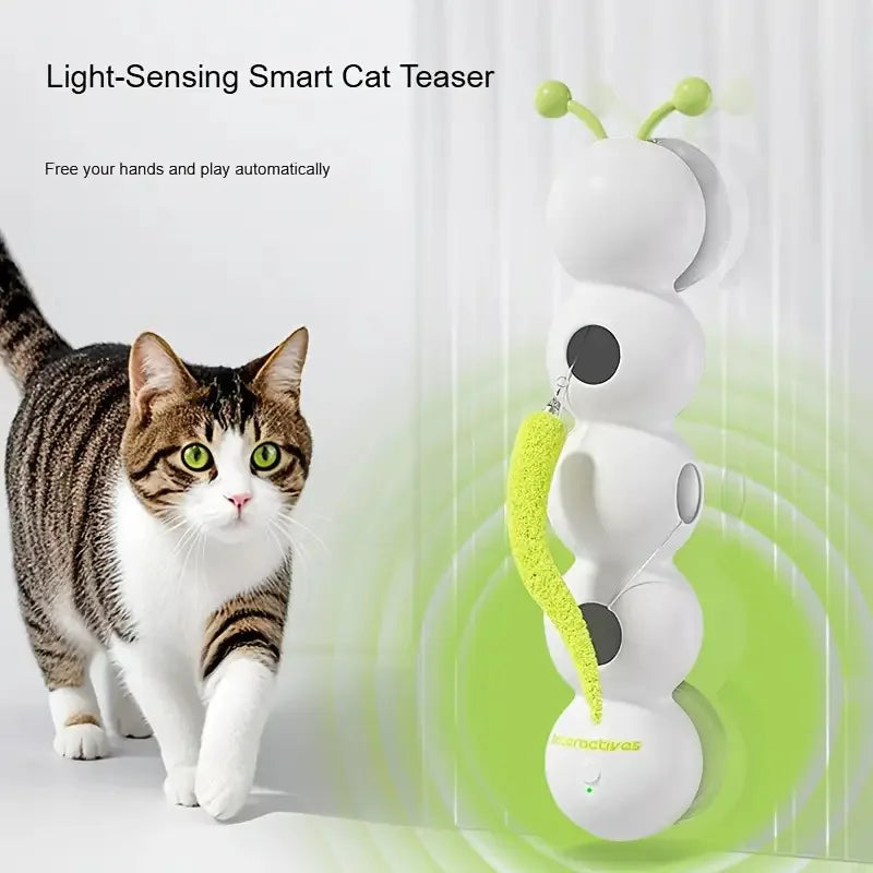Light-sensing smart cat teaser with a cat on a white background