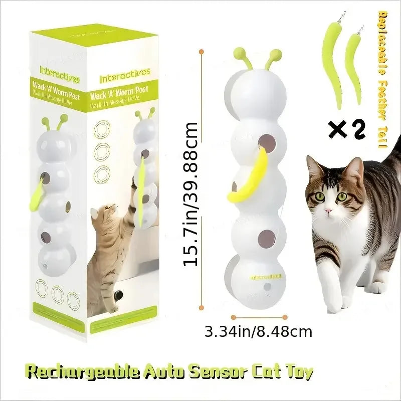 Cat toy with packaging, dimensions, and a cat interacting with the toy.