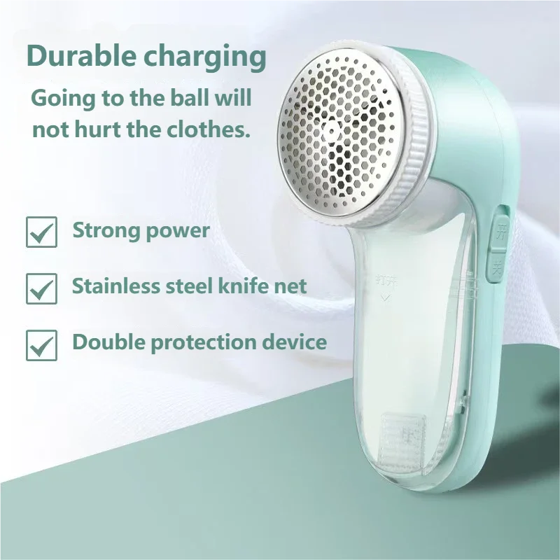 Light blue fabric shaver with text highlighting features on a light green background