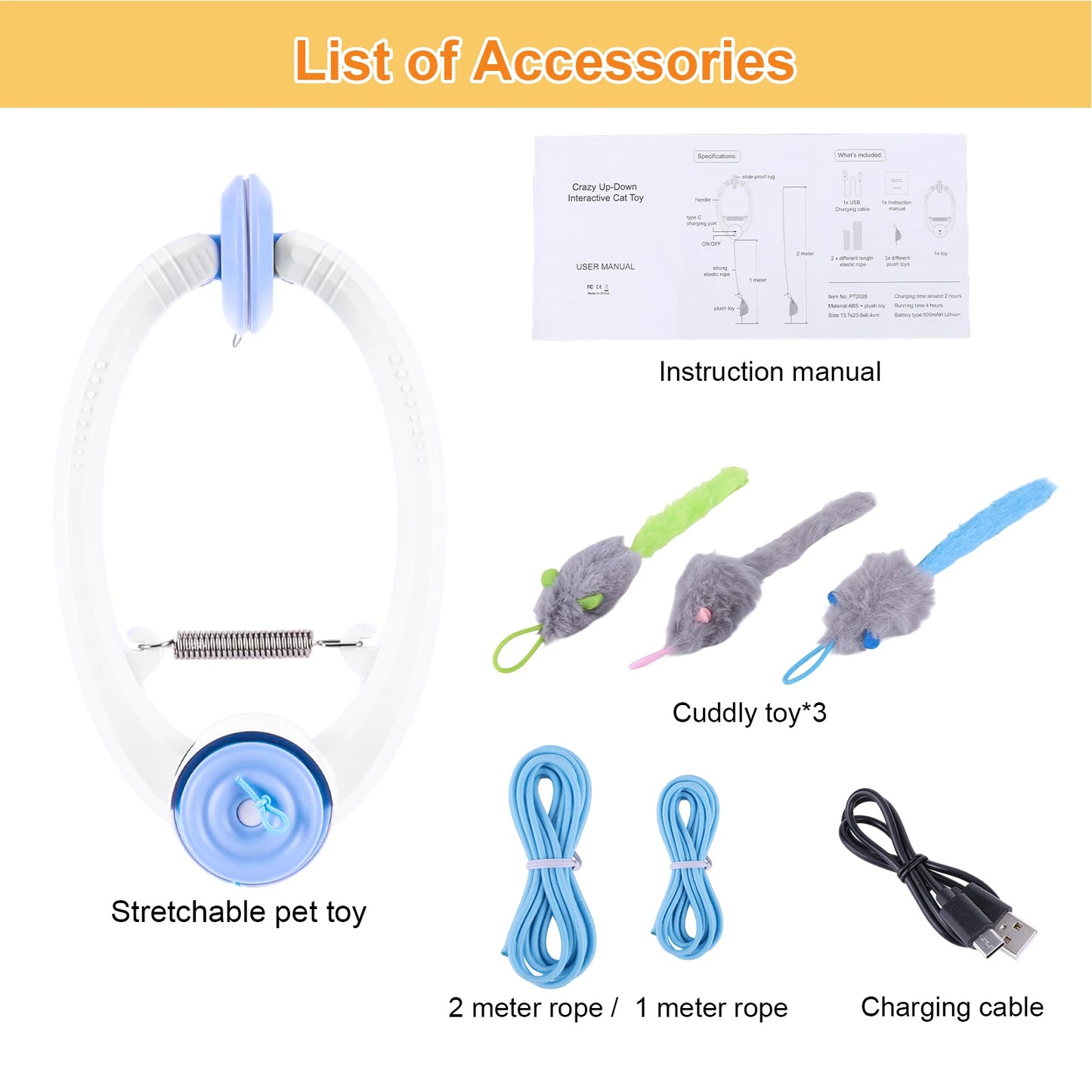 List of accessories including a stretchable pet toy, cuddly toys, ropes, and a charging cable on a white background.