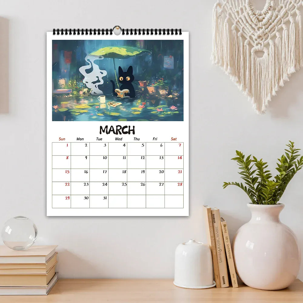Calendar with a cat and ghost illustration on a wall above a wooden shelf with decor items.