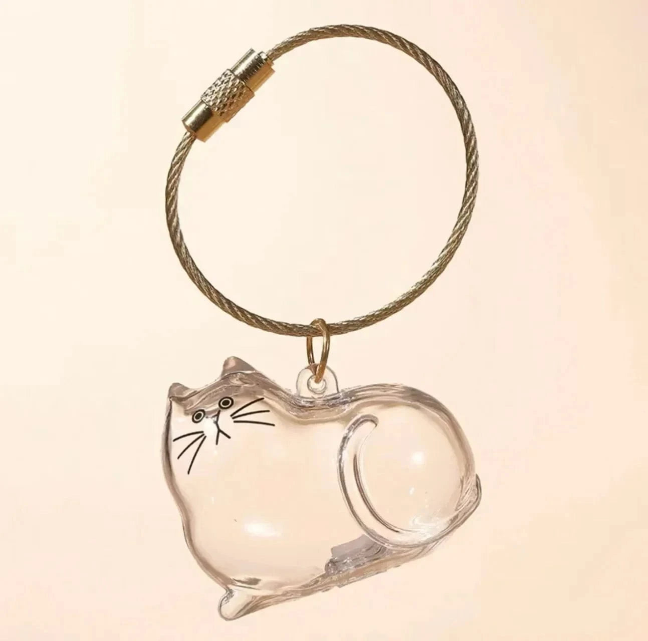 Clear cat-shaped keychain on a beige background
