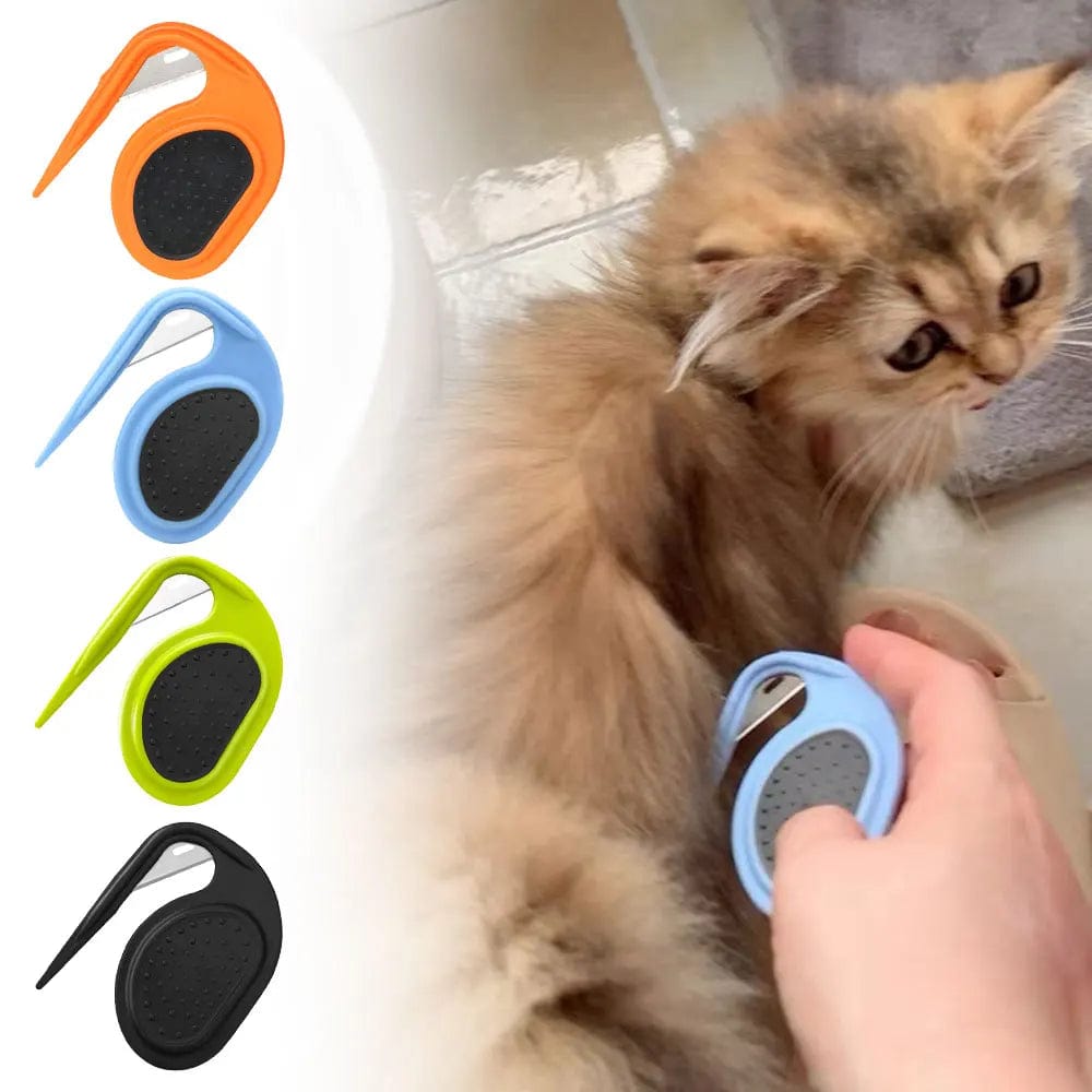 A Mini Cat Hair Knot Trimmer in various colors being used on a cat, with other colors shown alongside.