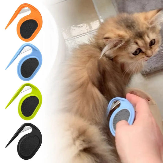 A Mini Cat Hair Knot Trimmer in various colors being used on a cat, with other colors shown alongside.