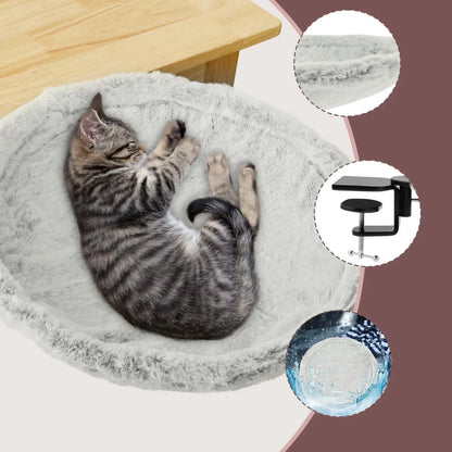 Cat sleeping on a fluffy gray pet bed with close-up insets of materials and design details.