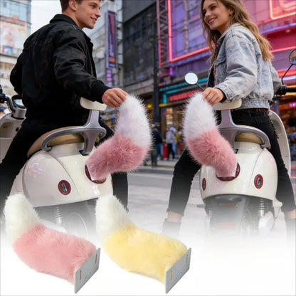 Two people riding scooter-like vehicles with fluffy attachments in an urban setting.