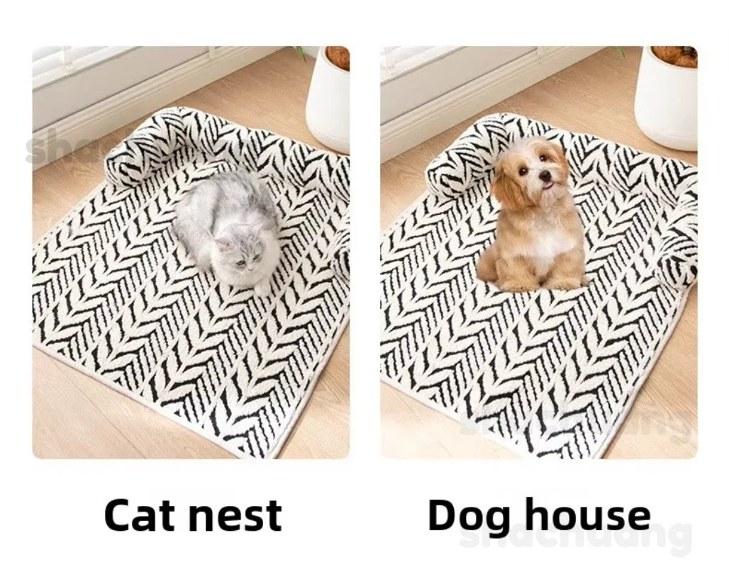 Two pet beds labeled 'Cat nest' and 'Dog house' with a cat and dog respectively on a patterned mat.