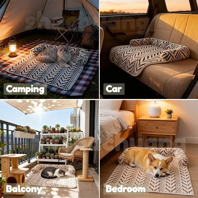 Collage of a patterned pet bed used in camping, car, balcony, and bedroom settings.
