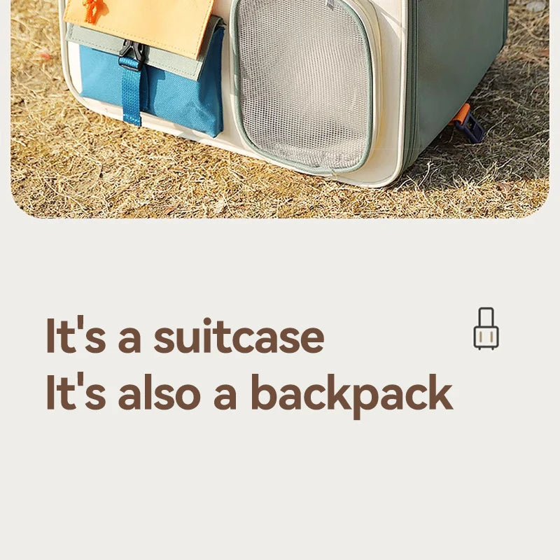 Multifunctional suitcase and backpack on grass with text 'It's a suitcase, It's also a backpack'.