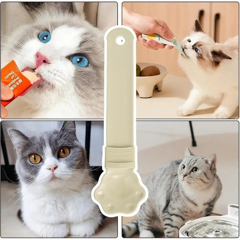 Multiple cats tasting treats using spoon feeder